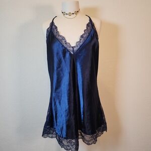 Blue Lace Trim Satin Chemise Sleeveless Nightgown Lingerie‎ Sleepwear